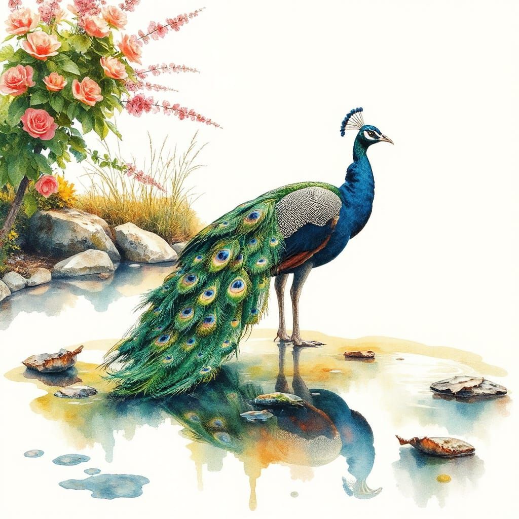 Vibrant Peacock Against Serene Garden Pond in Watercolour Fa...