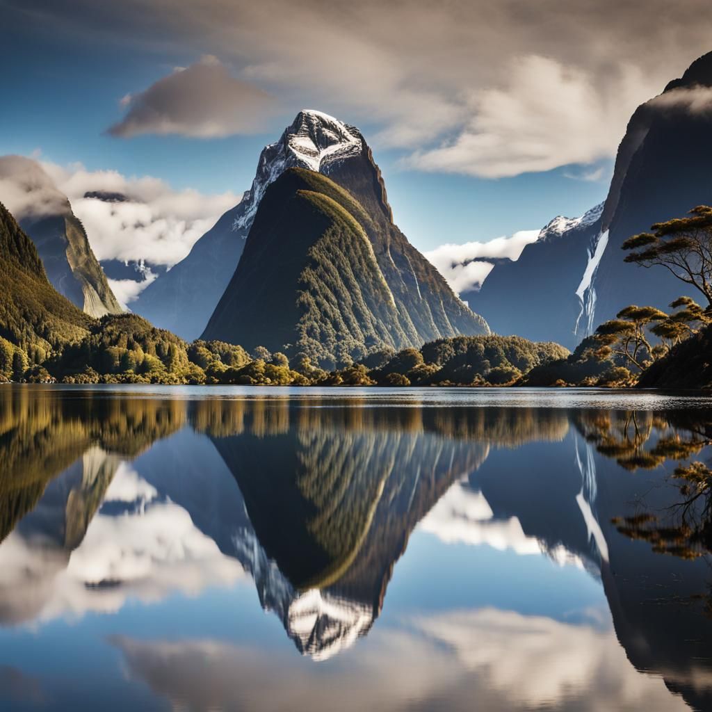 Mirror Reflections of Milford Sound Landscape