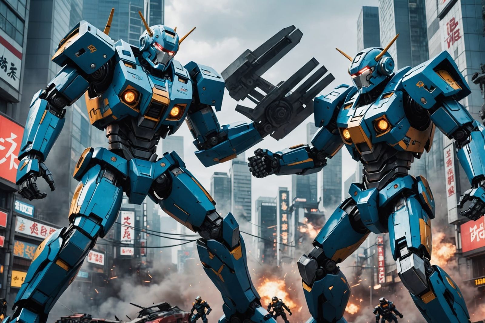 Giant Robots Clash in Anime-Style Future City