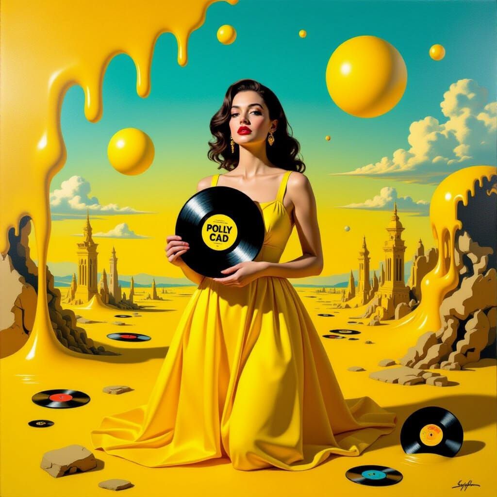 Surreal Yellow Landscape with Woman and Record