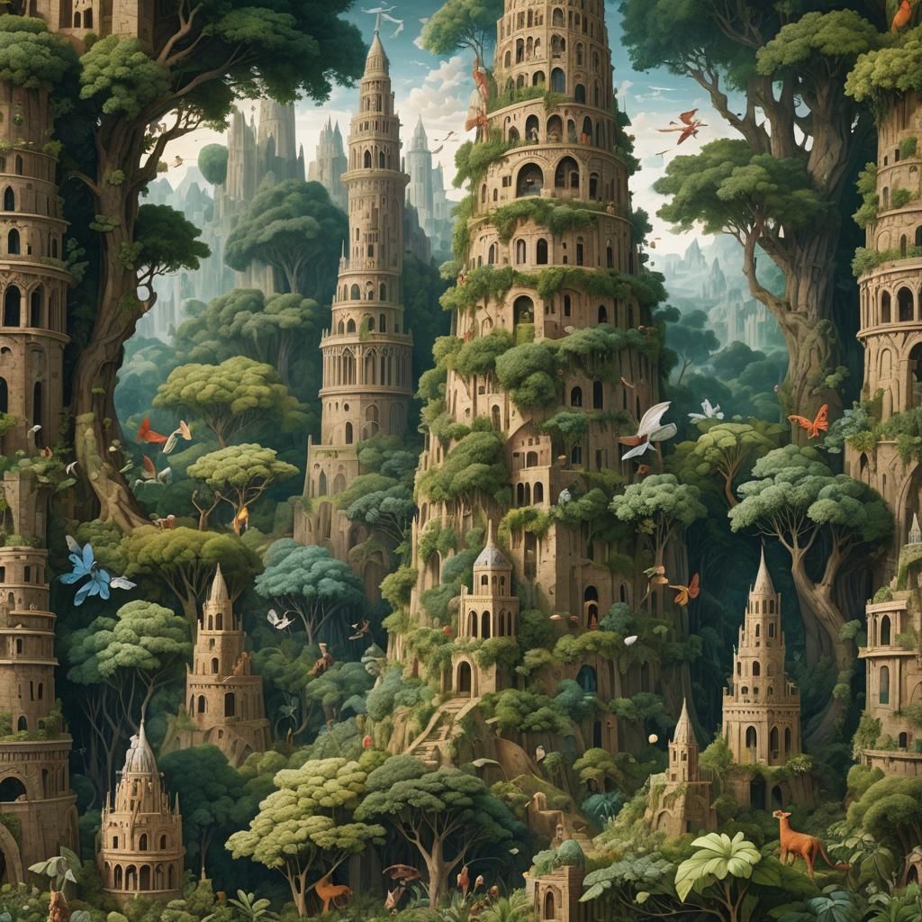 Mystical Tower of Babel in Enchanted Forest