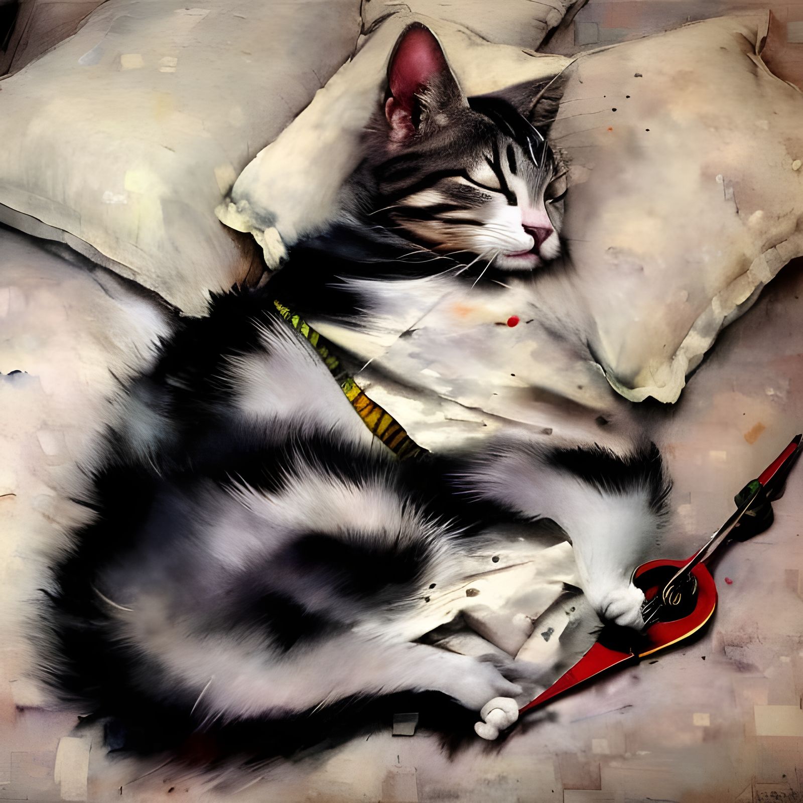 Obstinate Cat Sleeps as Hyperrealistic Mixed Media Painting