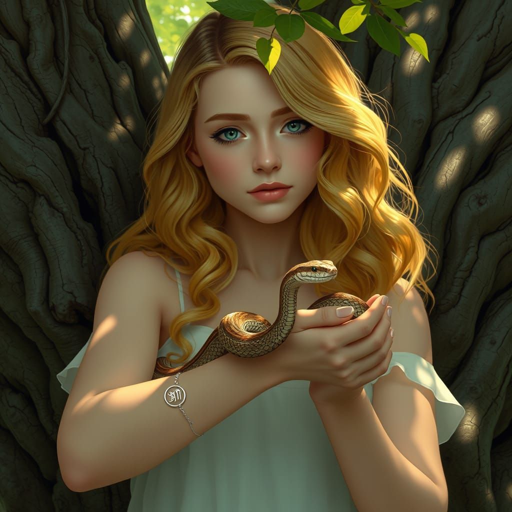 Mystical Aquarius Goddess Cradles Snake Amidst Ancient Tree