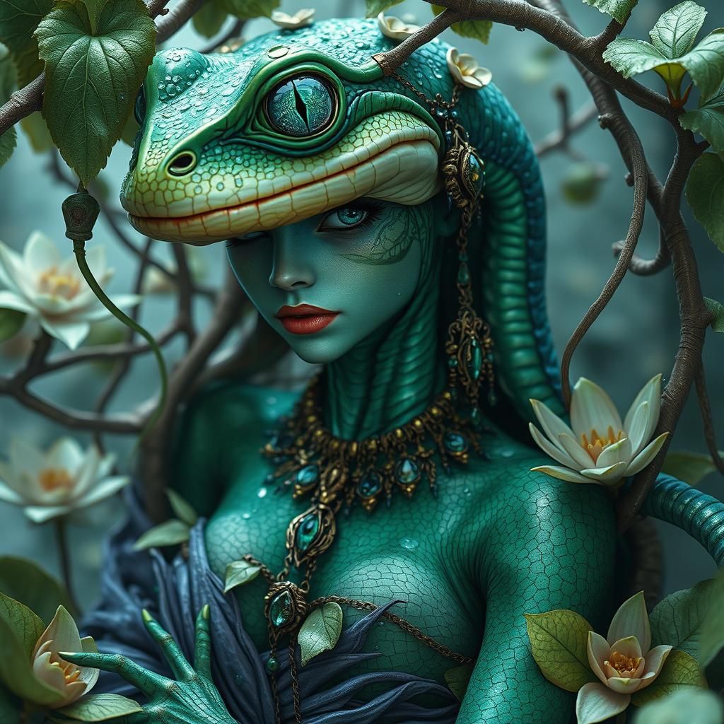 Alien Woman with Frog Face in Surrealist Style