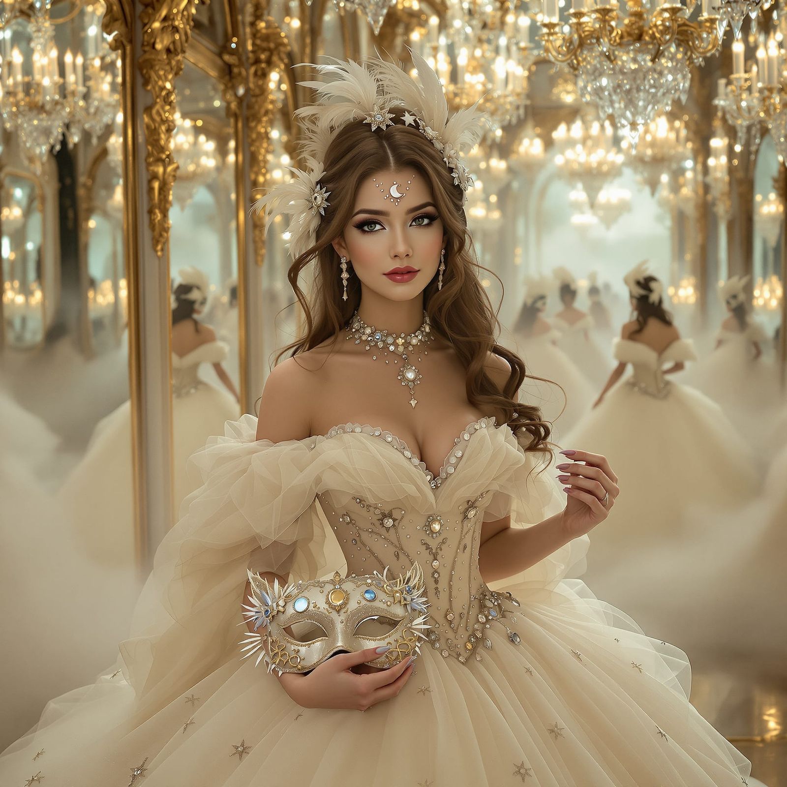 Ethereal Ball Gown Woman in Opulent Ballroom
