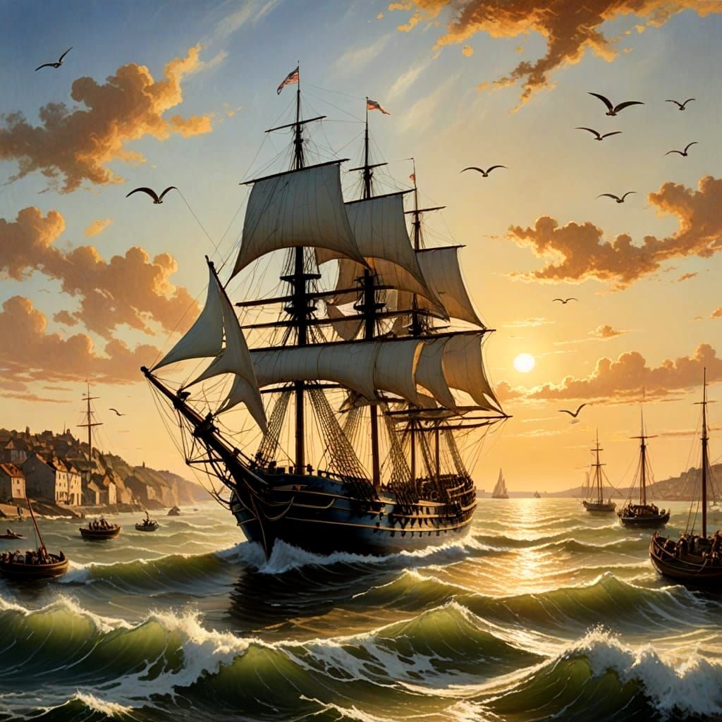 Sailing Ship Sets Sail into the Distance under Full Sail