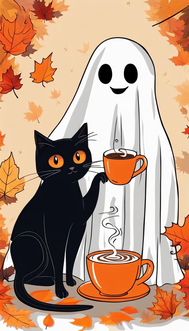Ghost and Cat Enjoying Autumn Coffee