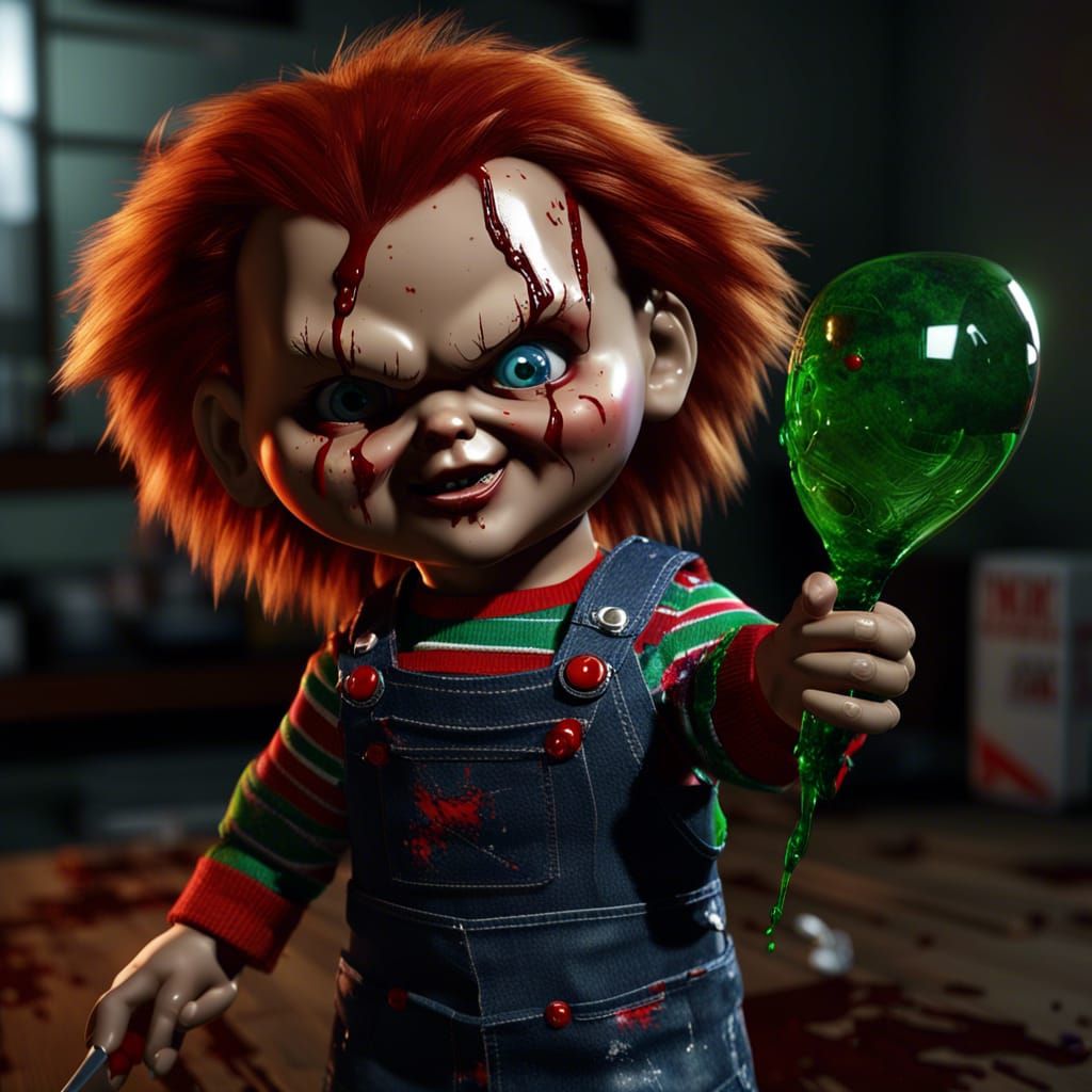 Hyperrealistic Chucky Doll with Blood Splashes in 3D