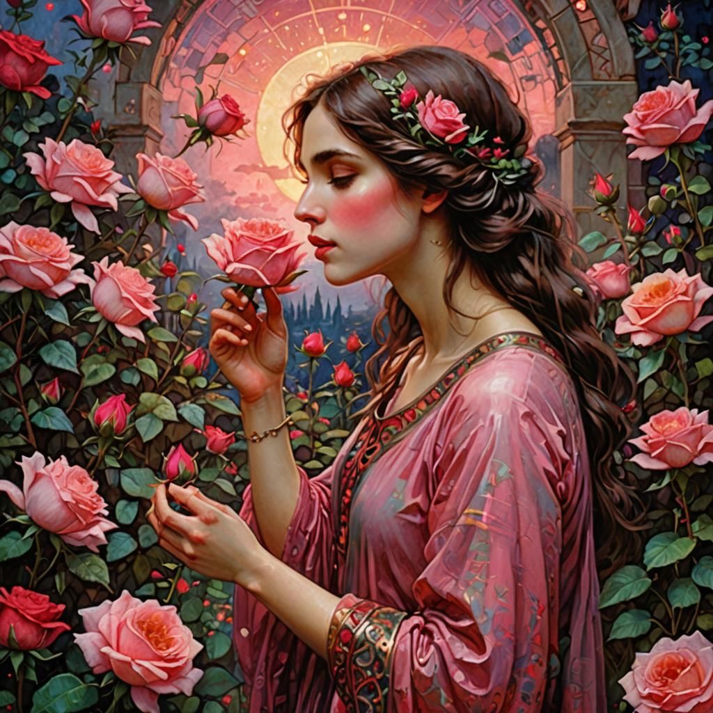 Woman Smelling Rose in Twilight Garden, Pre-Raphaelite Style