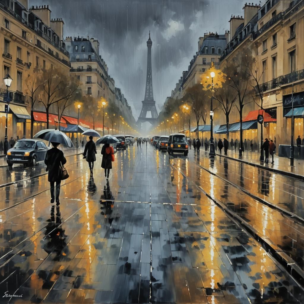 Paris. The Champs-Élysées in the rainy night