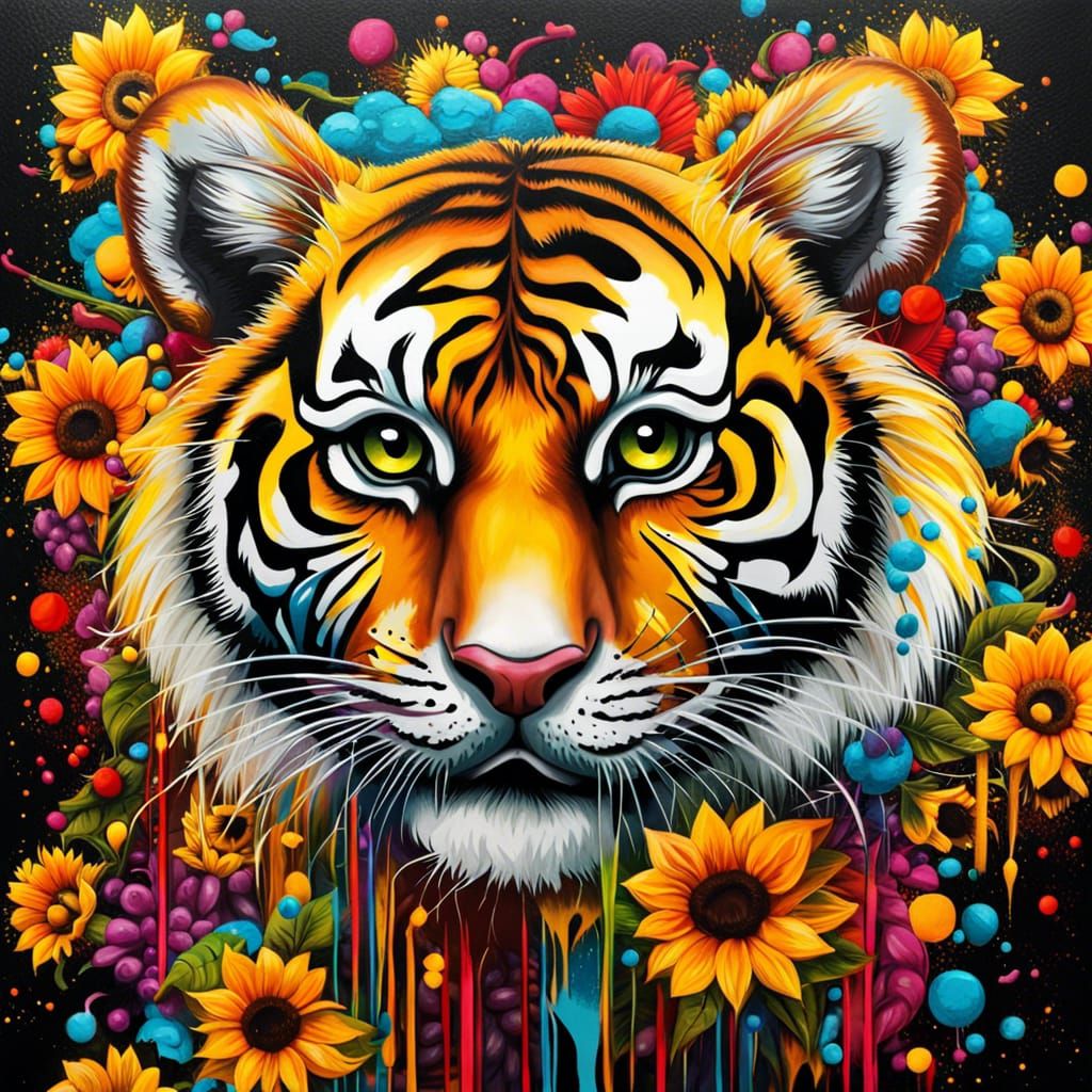 Baby Tiger Surrounded by Sunflowers Graffiti Art