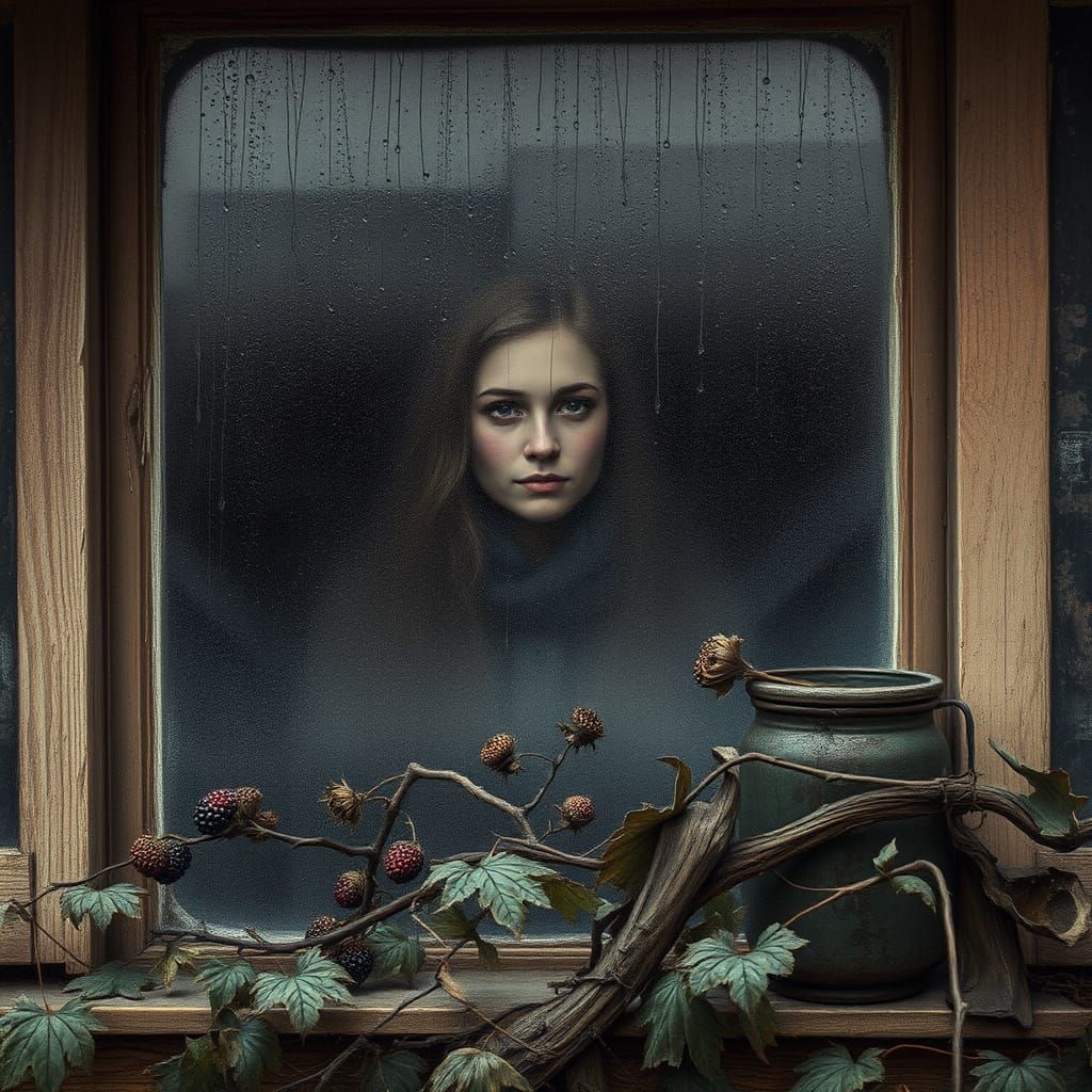 Woman at Misty Window in Moody Landscape