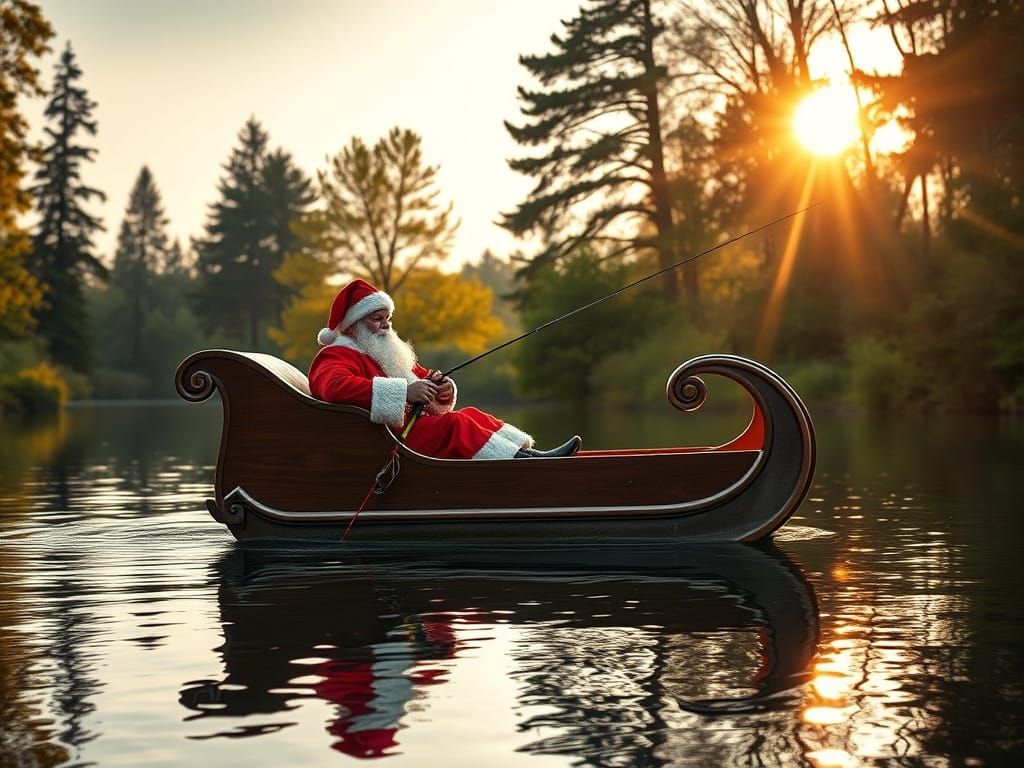 Serene Santa Sits in Elegant Sleigh-Boat, Fishing on Tranqui...