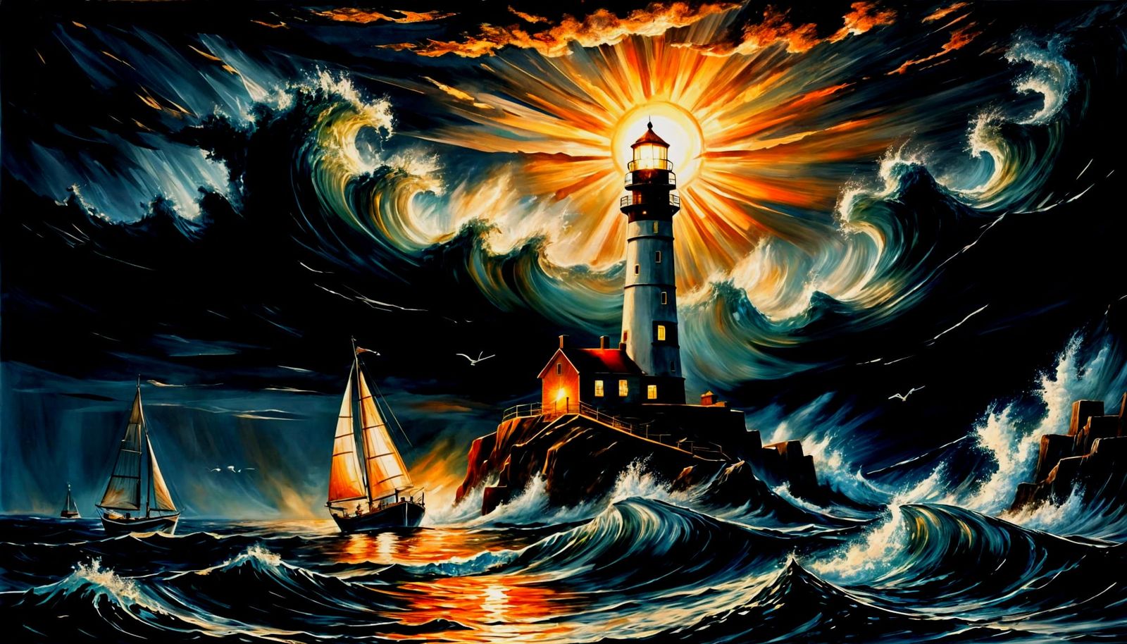 Lighthouse at Night: Burnt Oil Metal Seascape