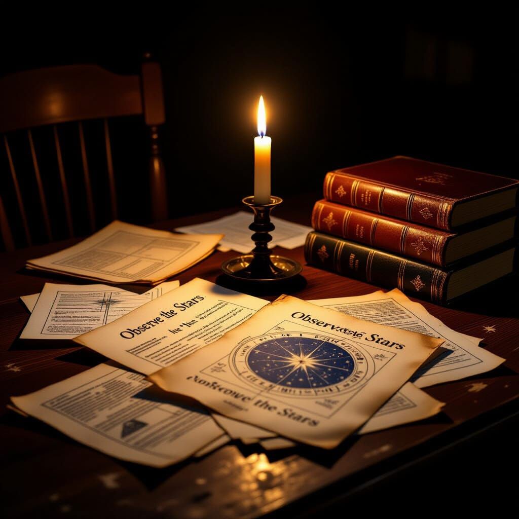 Candlelit Desk with Astrology Papers: Observe the Stars