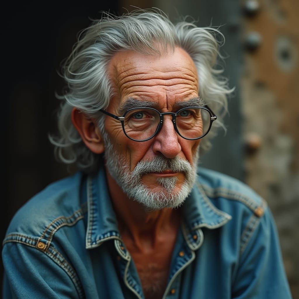 Hyperrealistic Portrait of Old Man in Blue Shirt