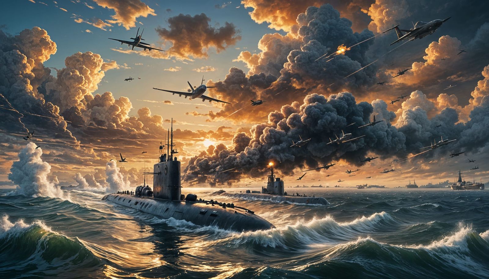War Submarine Under Attack at Sunset