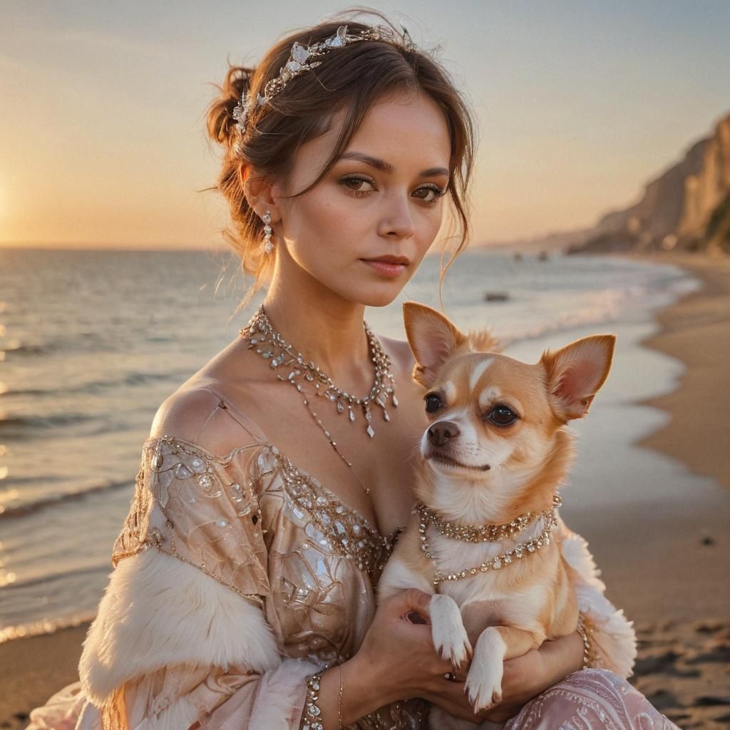 Woman and Chihuahua Enjoying Sunset, Art Nouveau Style