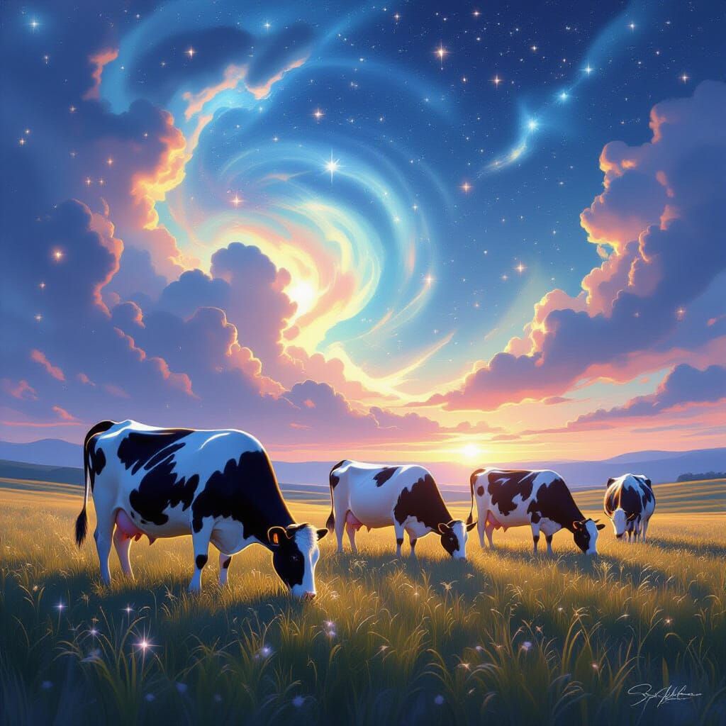 Ethereal Cows in Cosmic Meadow Digital Painting