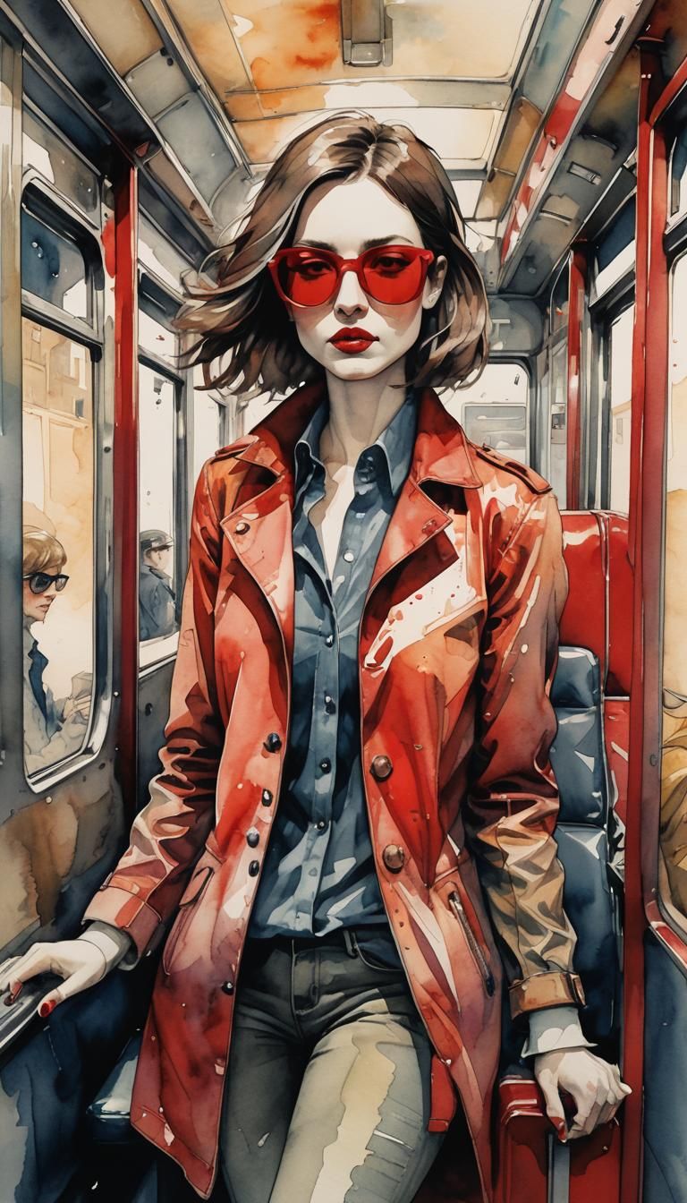 Stylish Woman on Train in Watercolor and Ink