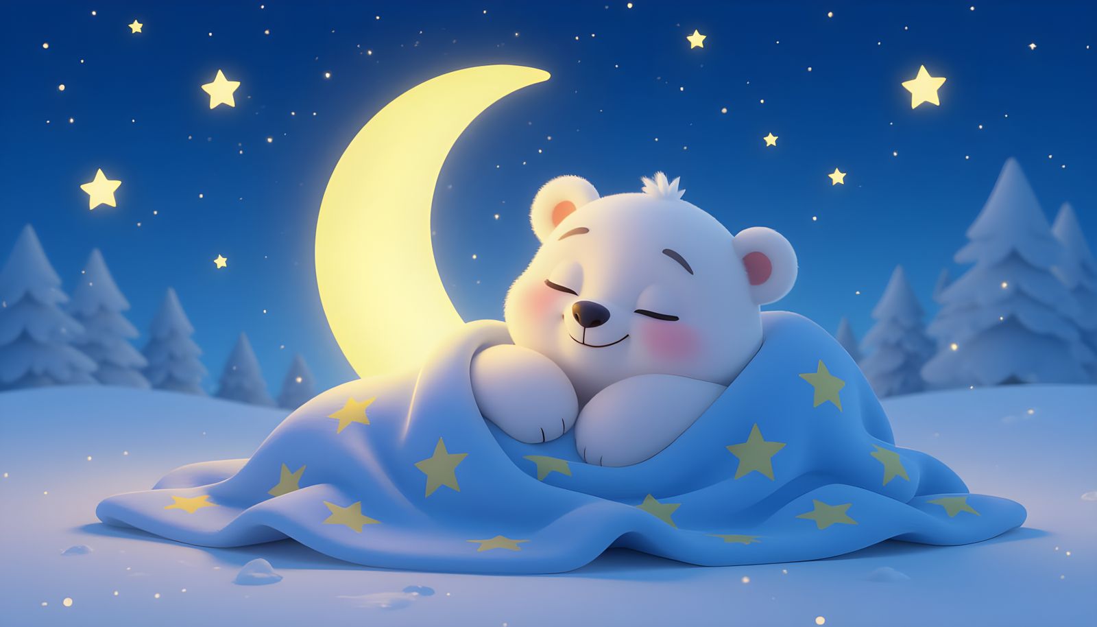 Cute 3D Animated Polar Bear Dreams Under Starry Night Sky