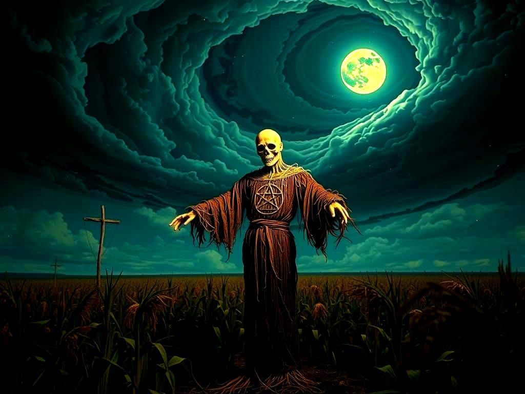 Gothic Scarecrow in Moonlit Cornfield