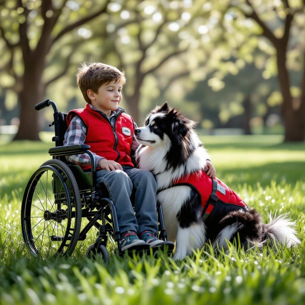 Boy with Service Dog in Sunny Park
