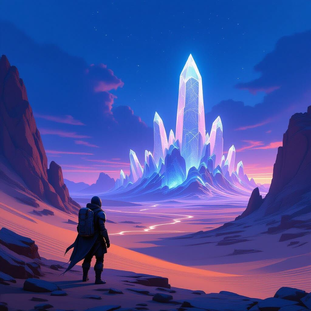 Alien Desert Explorer Gazes at Glowing Crystalline Formation...