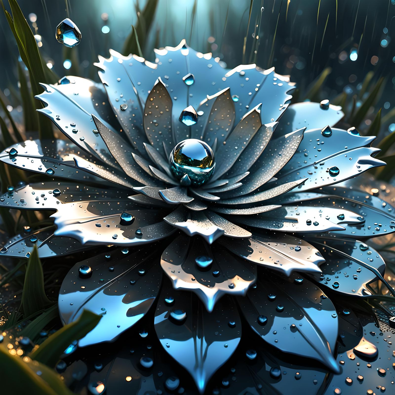 Crystallized Metallic Dew Drops on Metal Flower