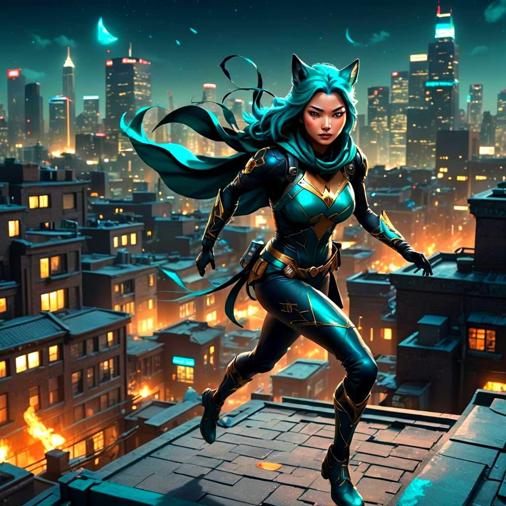 Kitsune Superheroine Runs on Rooftop: Matte Painting