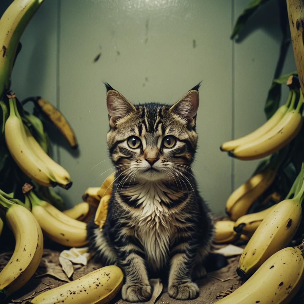 Cinematic Cat Comfortably Inside a Banana