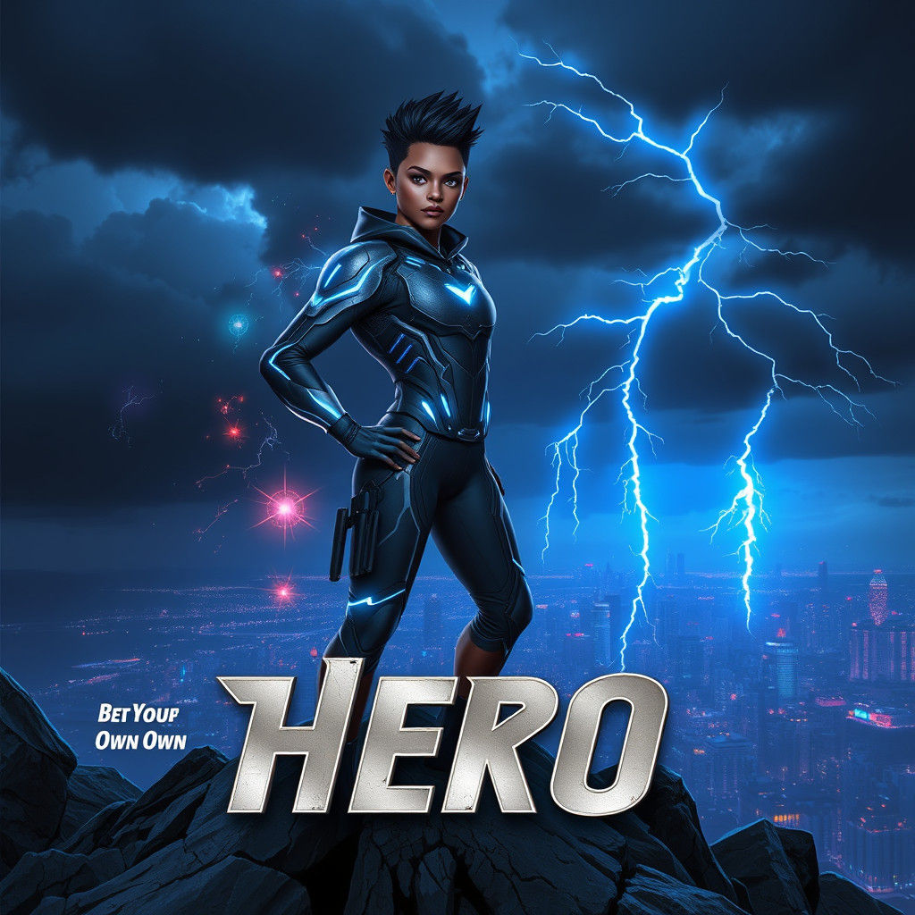 Heroic Figure Overlooking Metropolis with Electric Blue Ligh...