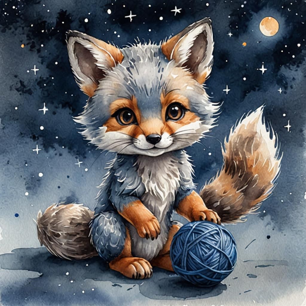 Chibi Fox and Yarn: Watercolor Children's Book Illustration