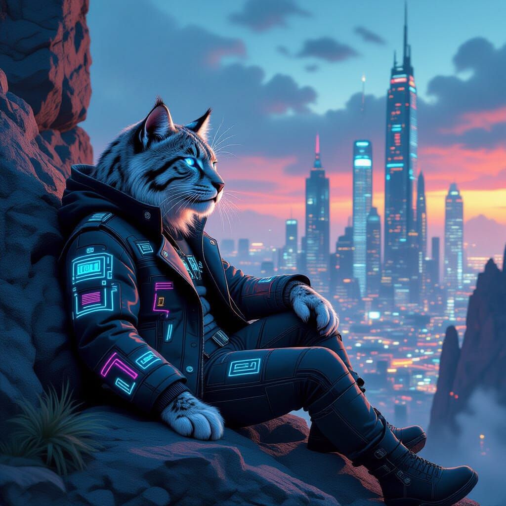 Cyberpunk Saber-Toothed Cat Overlooking Neon Cityscape