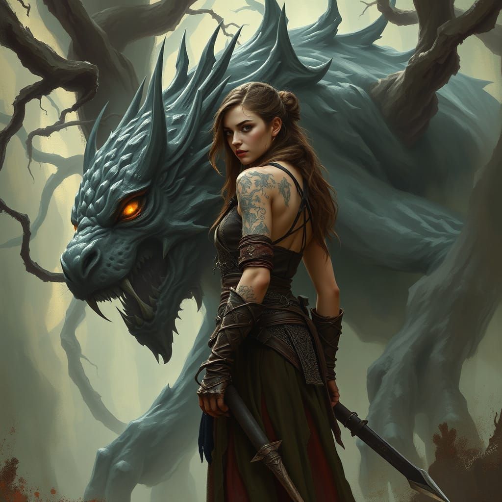 Ethereal Warrior Witch Stands Against Dark, Glowing Beast in...