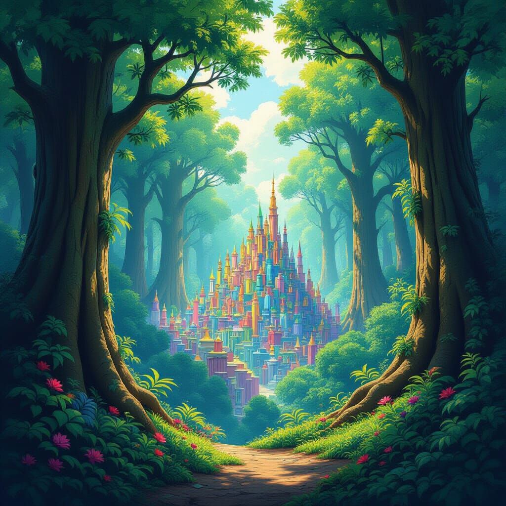 Enchanted Forest City Made of Colorful Pencils