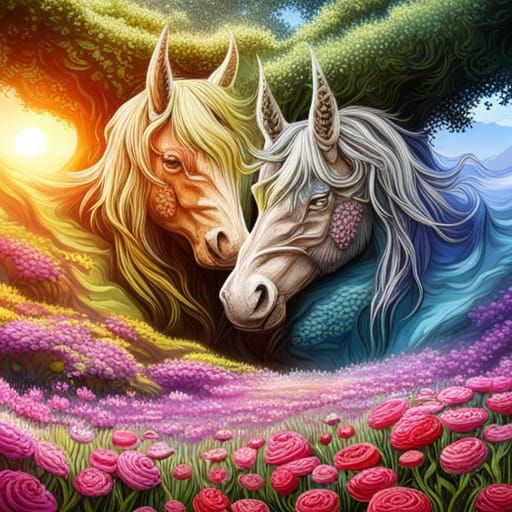 Detailed Black Unicorn Head with Organic Vegetation