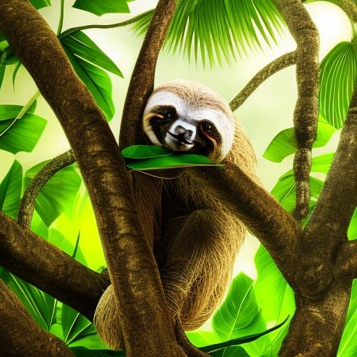 Hyperrealistic Sloth Merging with Tropical Jungle