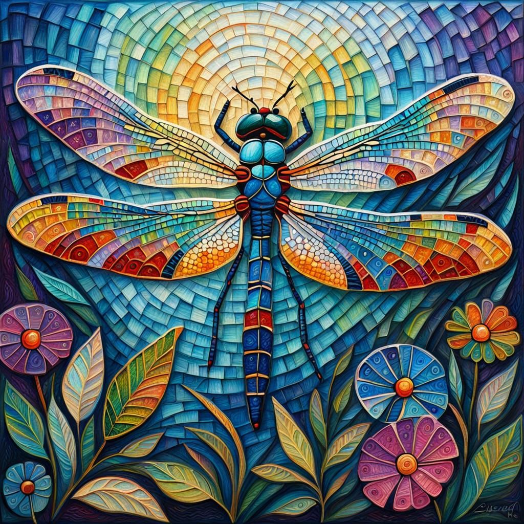 Colorful Zentangle Dragonfly in Impasto Oil Painting Style