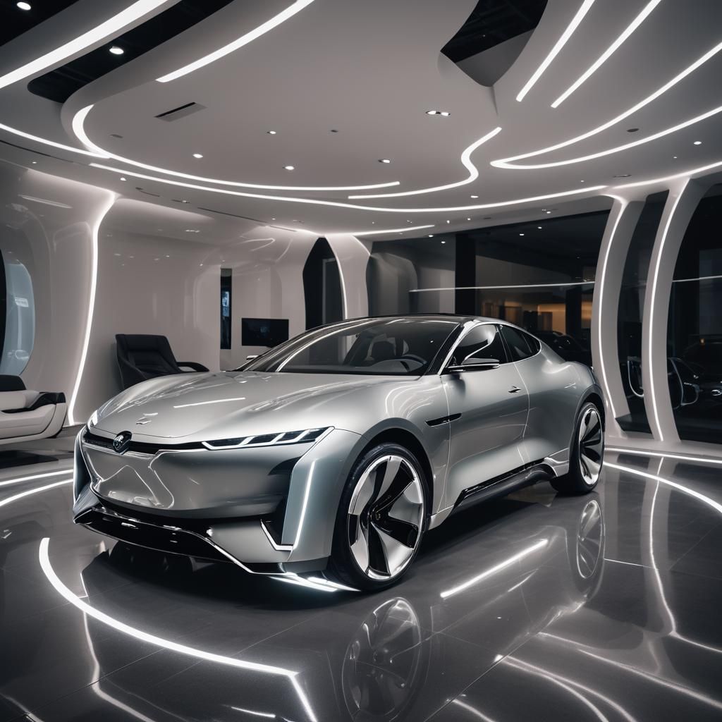 Luxurious Electric Vehicle in Futuristic Showroom