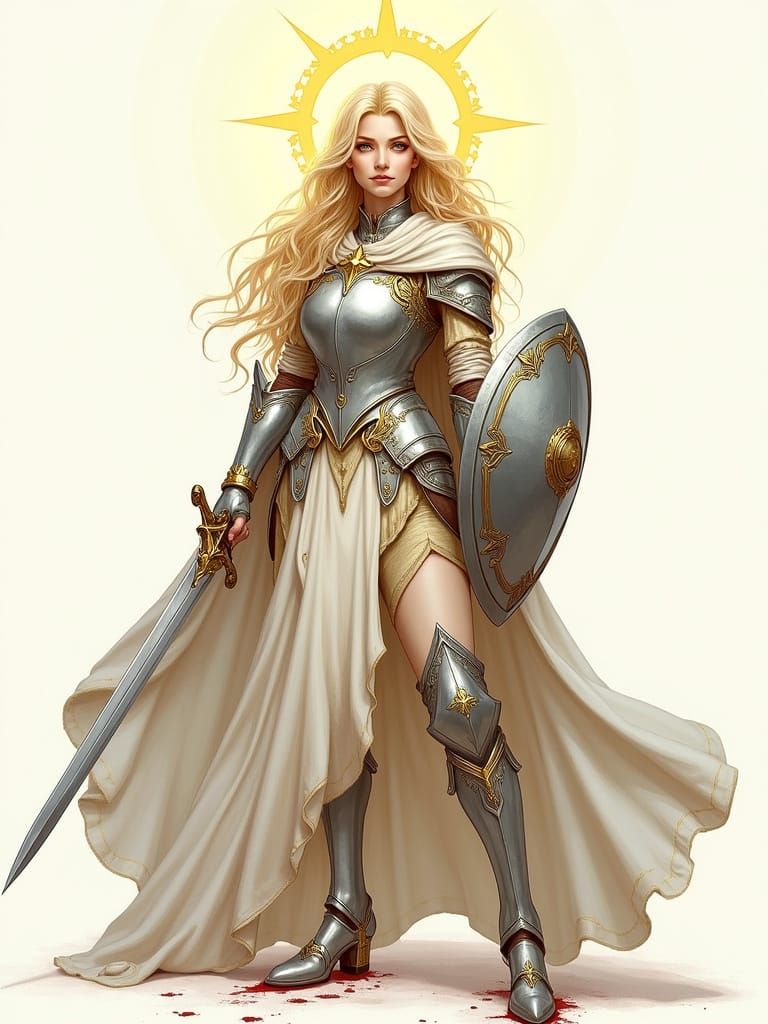Aasimar Warrior in Divine Armor, Hand-Drawn Style