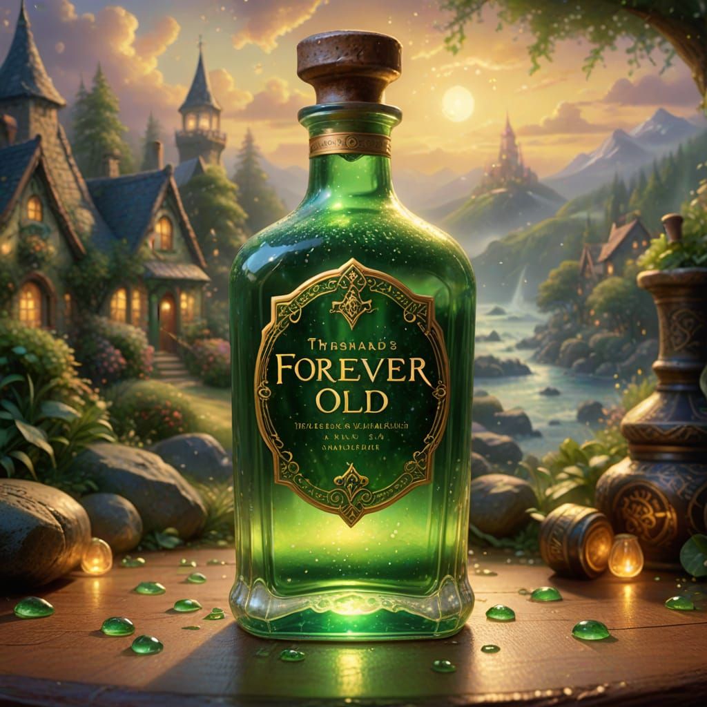 Mystical Bottle of Forever Old in Soft Golden Light