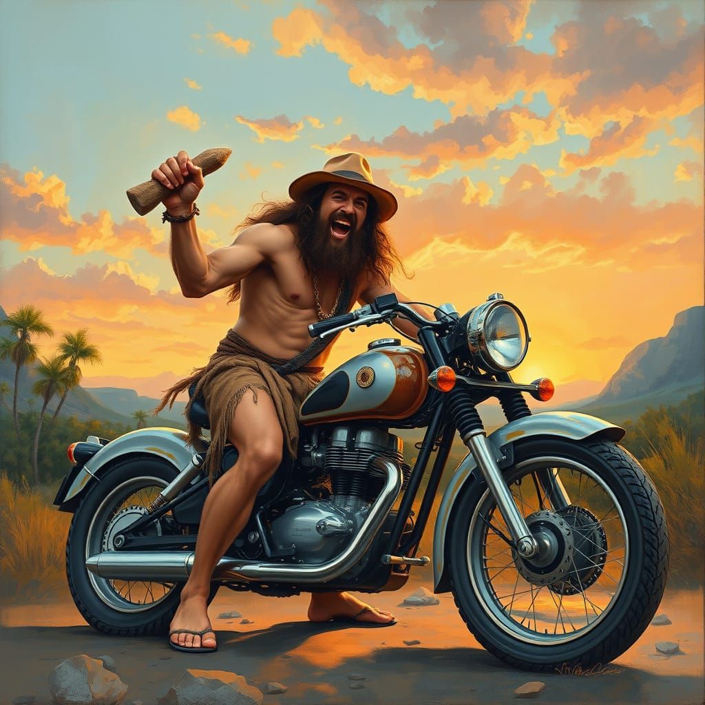 Caveman Tries Vintage Motorcycle in Prehistoric Sunset