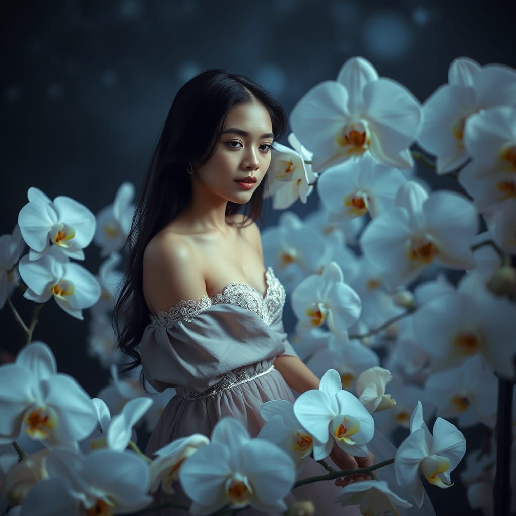 Ethereal Woman Lost in a Sea of White Orchids