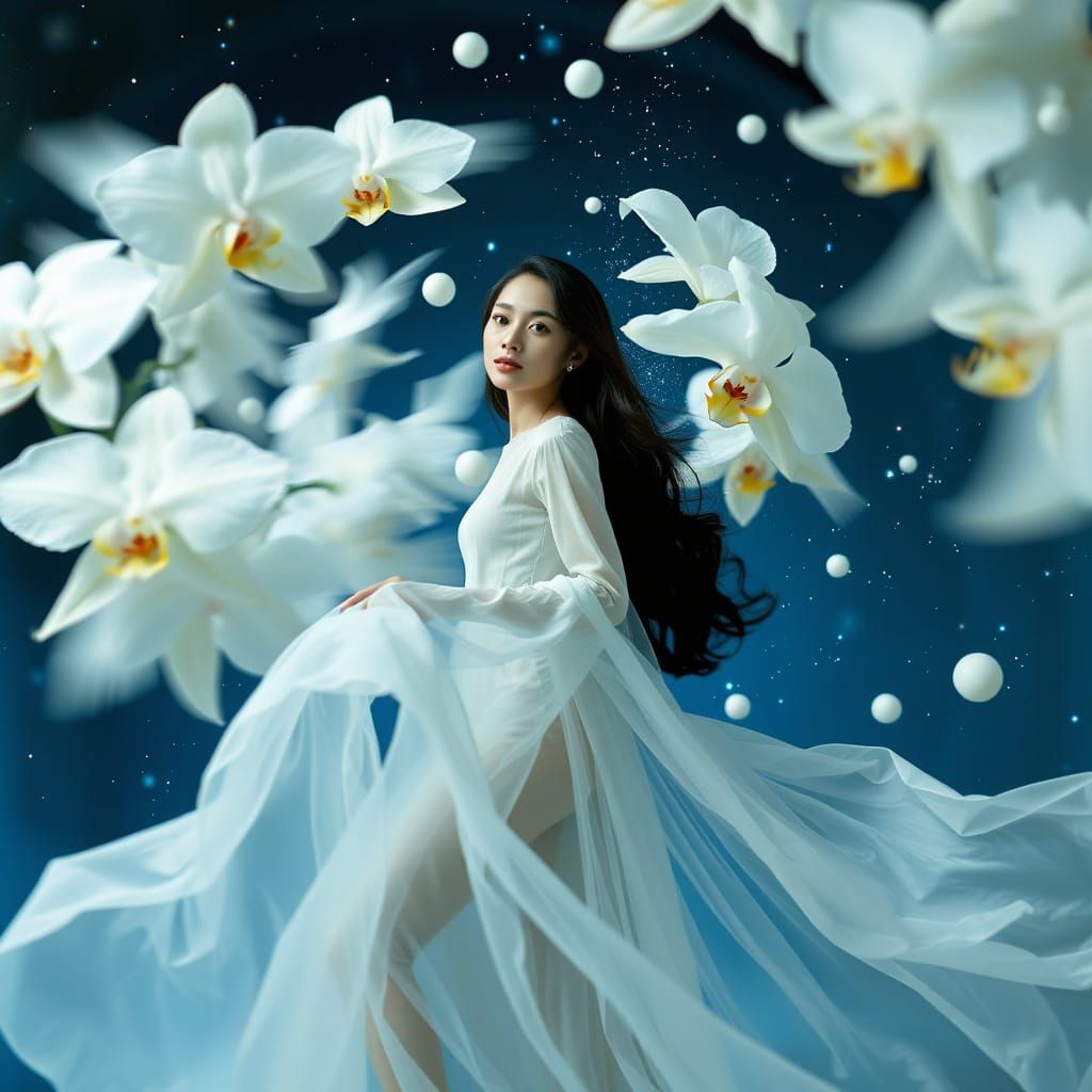 Surreal Celestial Goddess Among Whirling White Orchids