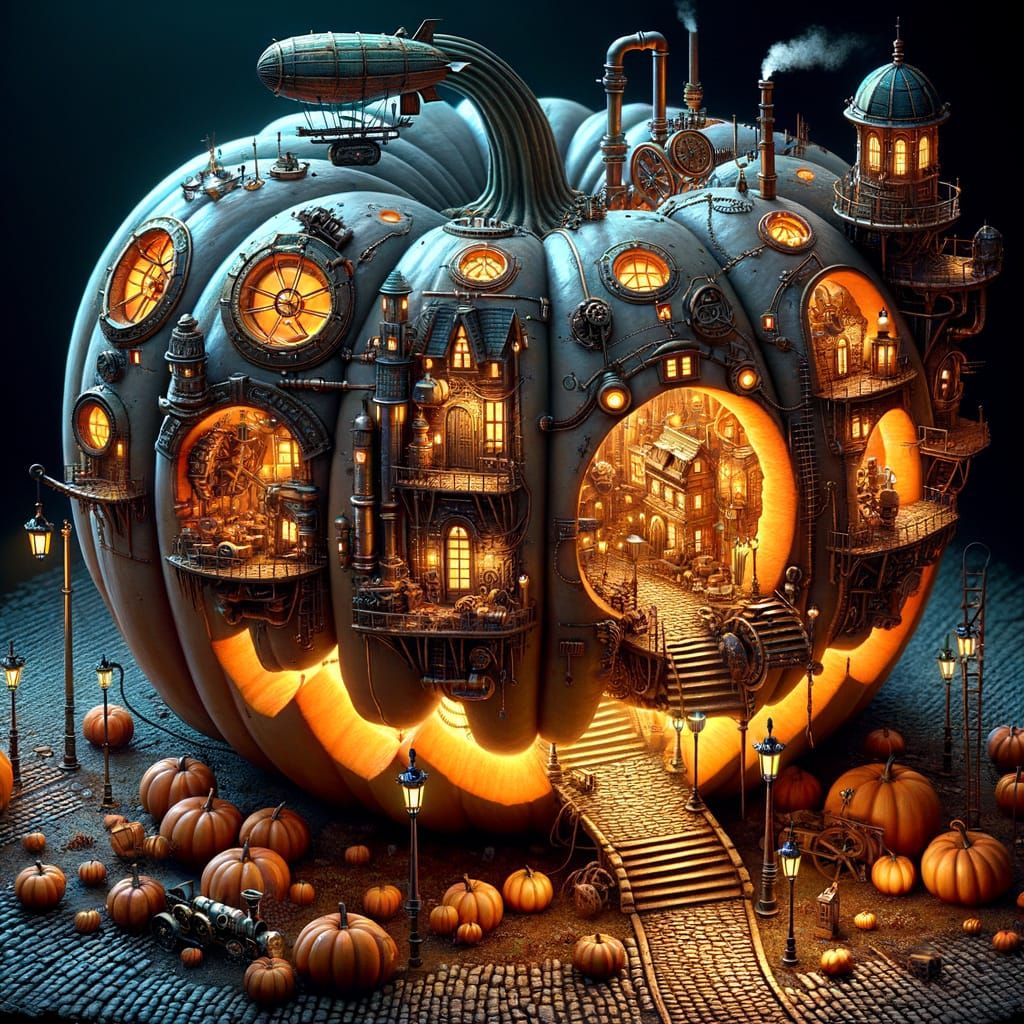 Steampunk Pumpkin Village with Airship
