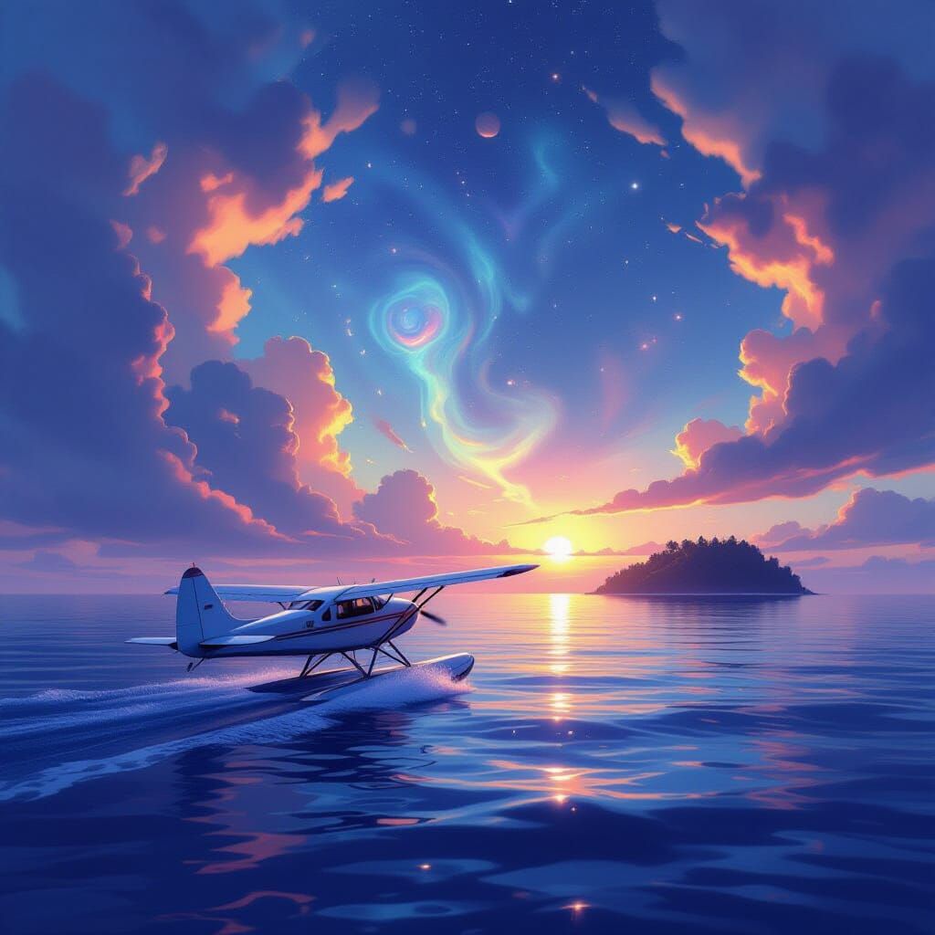 Seaplane on Iridescent Ocean Under Nebula Sky