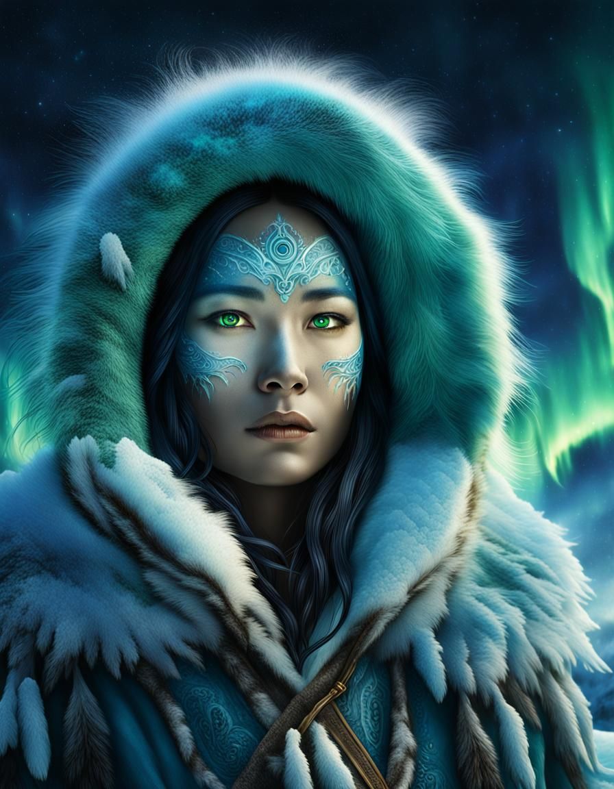 Inuit Woman Hunting Under Aurora: Hyperrealistic Digital Art