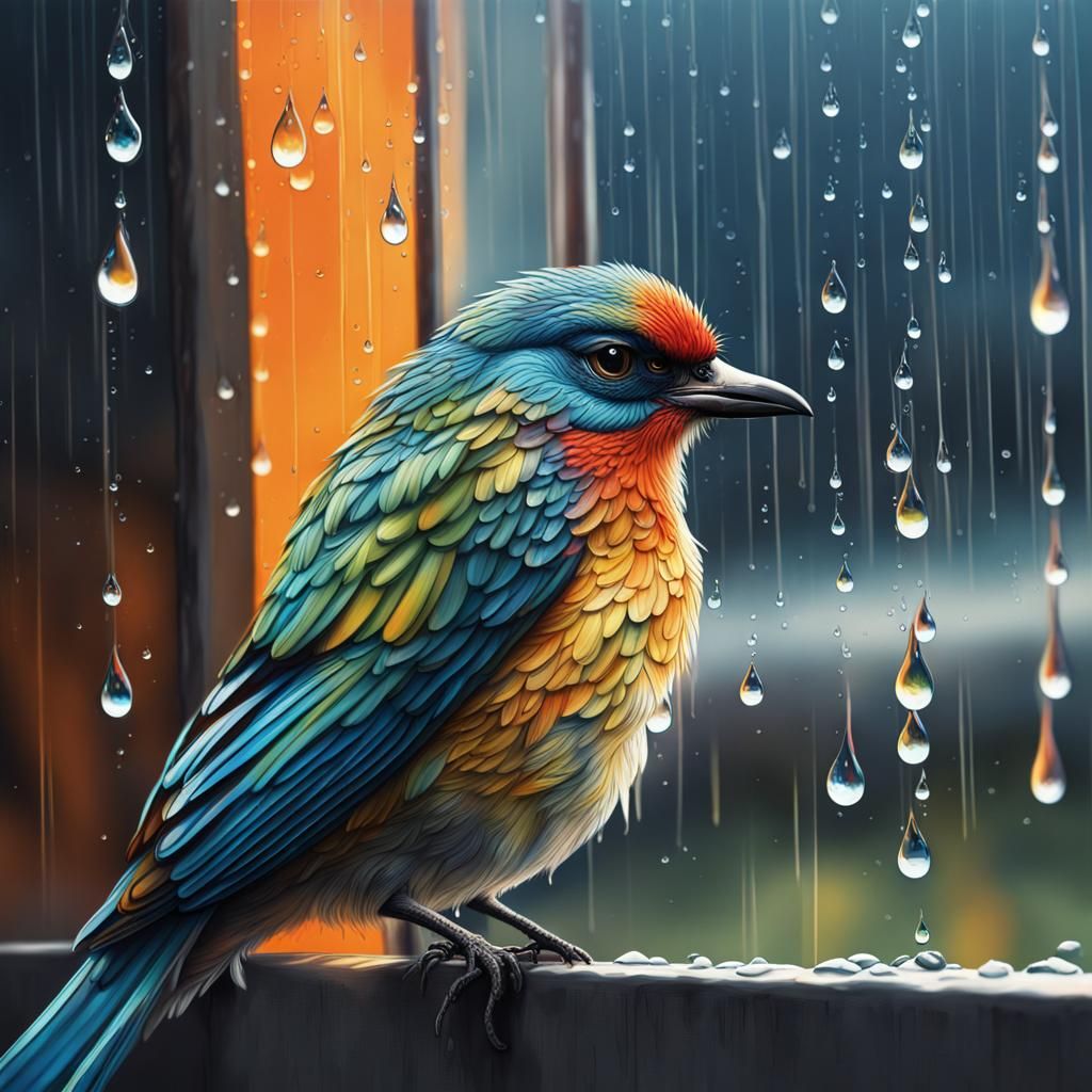 Hyperrealistic Bird and Raindrops at Prison Window