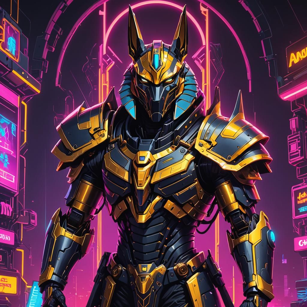 Anubis Mech God in Neon Retro Synthwave Style